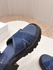 PRADA 26S CROSS STRAP CHUNKY SOLE SANDALS IN NAVY BLUE CANVAS