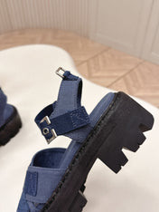 PRADA 26S CROSS STRAP CHUNKY SOLE SANDALS IN NAVY BLUE CANVAS