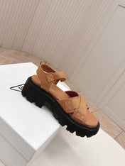PRADA 26S CROSS STRAP CHUNKY SOLE SANDALS IN CARAMEL BROWN CANVAS