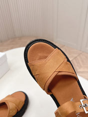 PRADA 26S CROSS STRAP CHUNKY SOLE SANDALS IN CARAMEL BROWN CANVAS