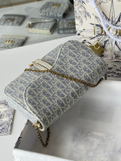 DIOR 25S MEDIUM SADDLE POUCH WITH CHAIN 21 IN LIGHT BLUE DIOR OBLIQUE JACQUARD CANVAS