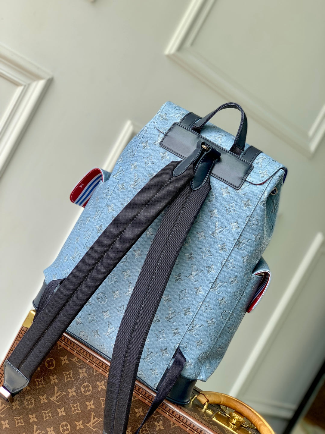 CHRISTOPHER MM BACKPACK 44 IN SKY BLUE MONOGRAM HERITAGE CANVAS BLACK CALFSKIN
