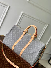 KEEPALL BANDOULIÈRE 45 IN GREY MONOGRAM DENIM LIGHT BROWN CALFSKIN