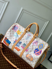 KEEPALL BANDOULIÈRE 45 IN WHITE MONOGRAM DUNE CANVAS AND CALFSKIN