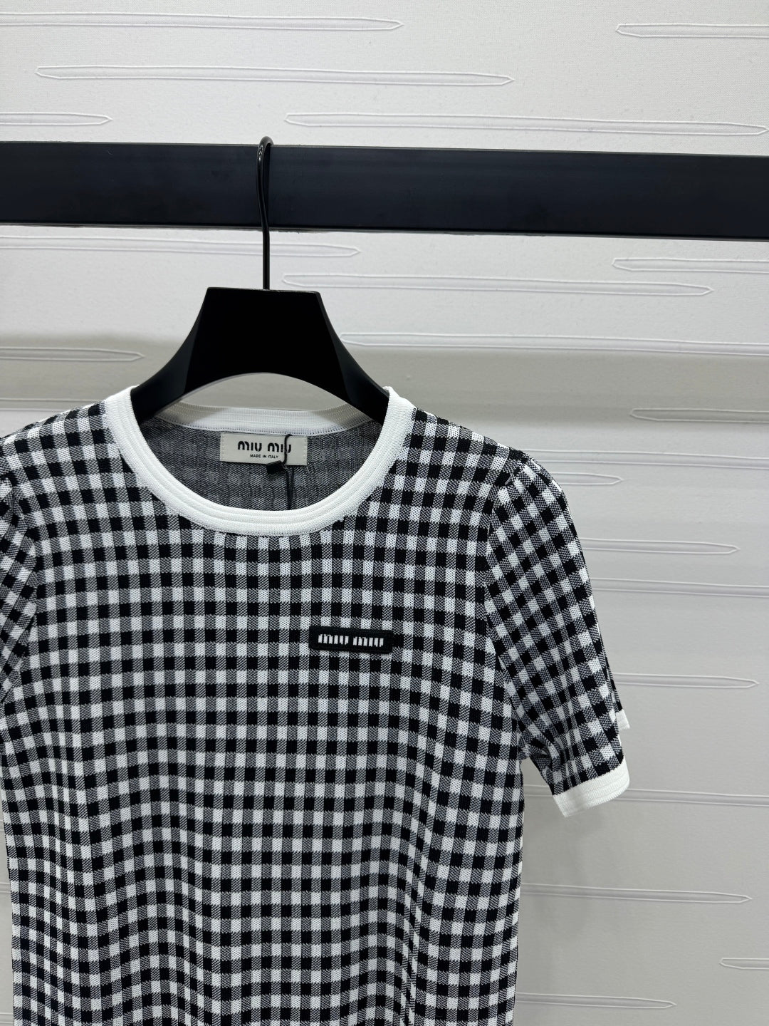 MIUMIU CREW NECK SHORT-SLEEVE PLAID KNIT TOP 274833