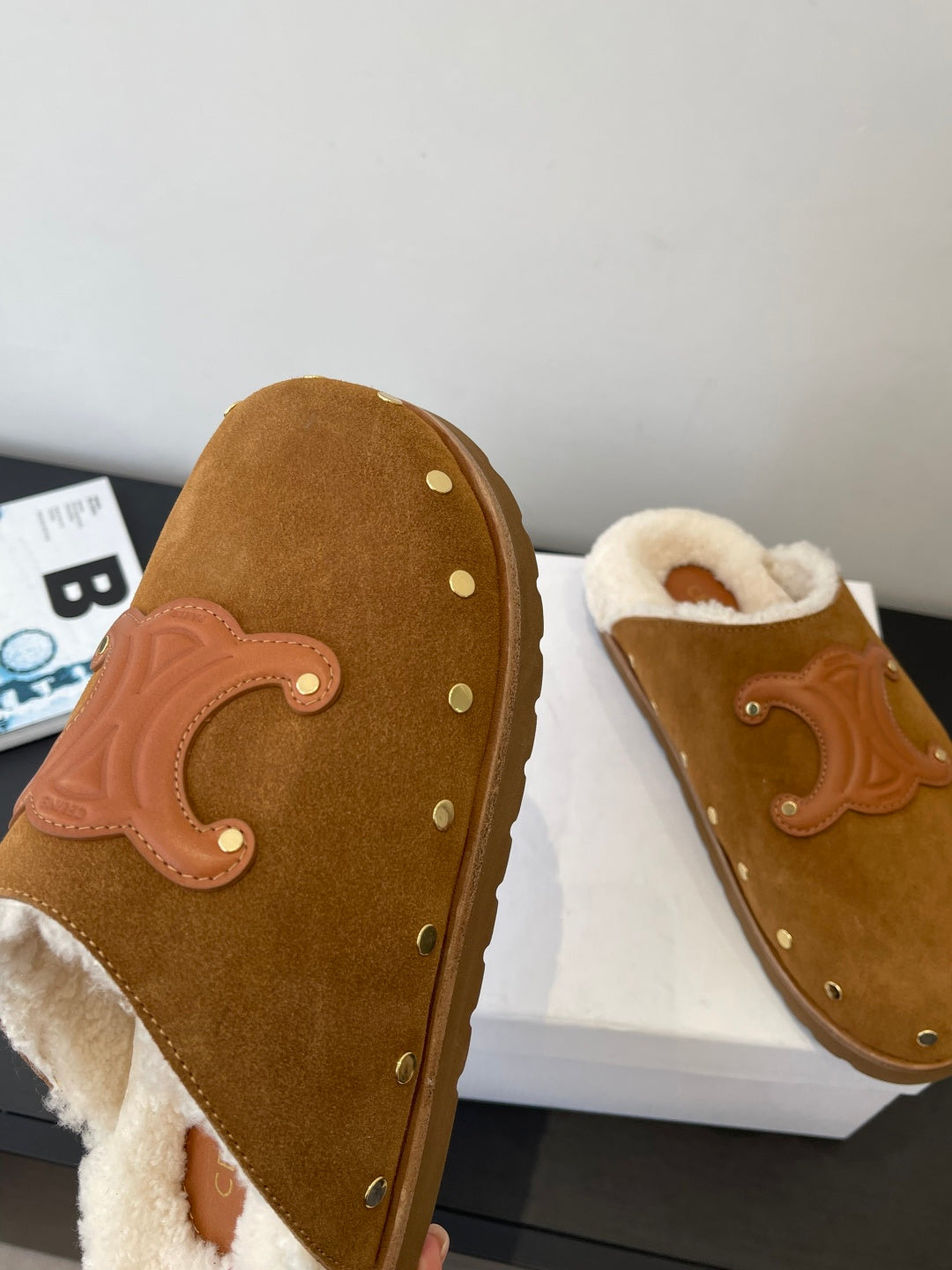 CELINE 26S FUR-LINED MULES IN BROWN SUEDE