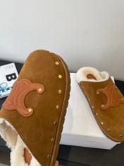 CELINE 26S FUR-LINED MULES IN BROWN SUEDE