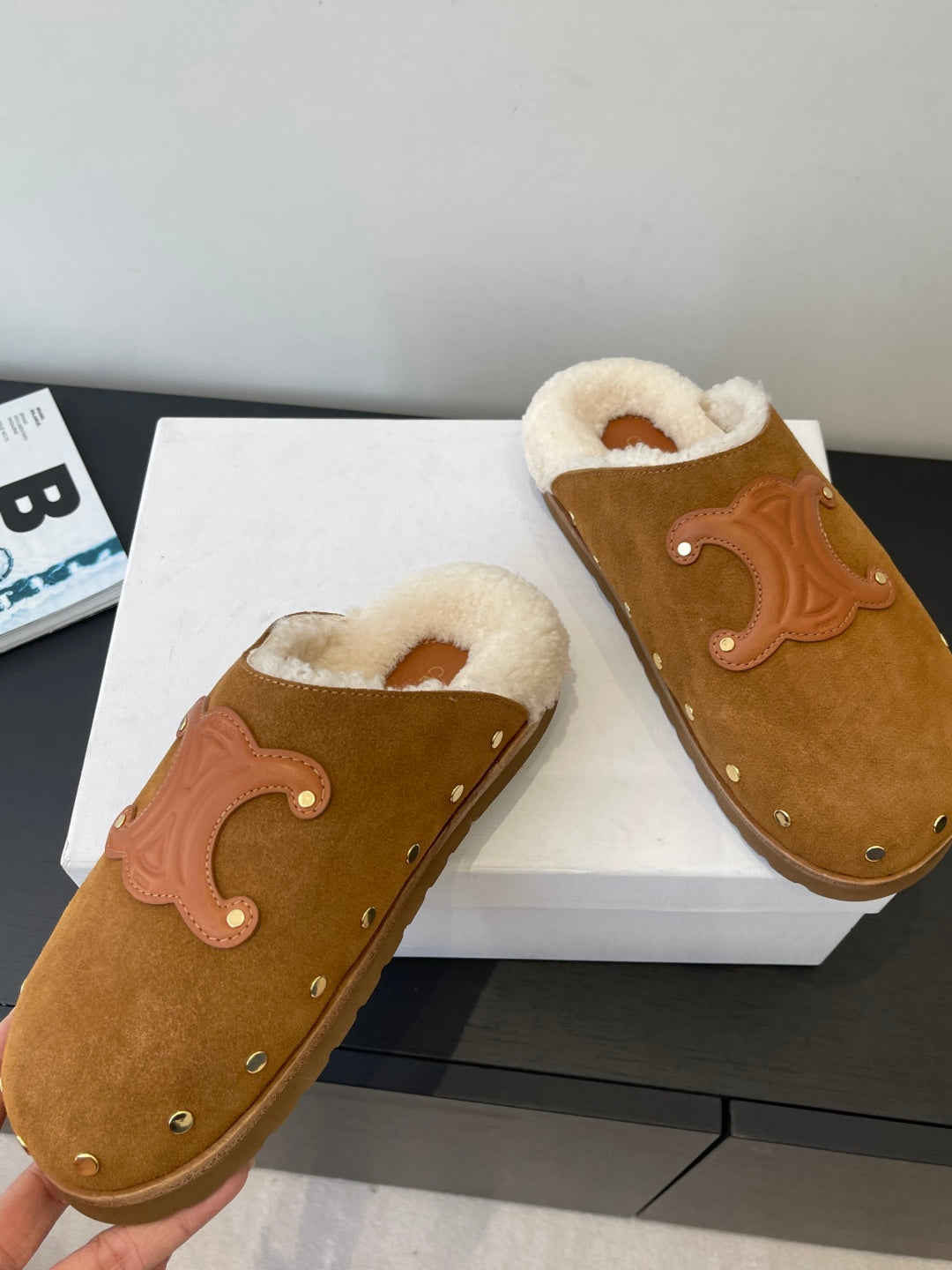 CELINE 26S FUR-LINED MULES IN BROWN SUEDE