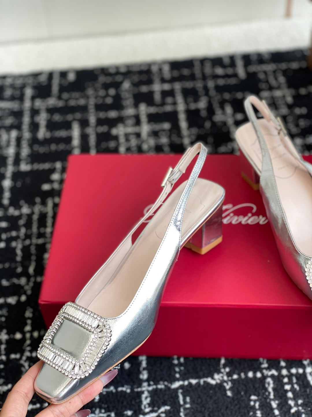 ROGER VIVIER 25S VIVIER SLINGBACK 45MM IN SILVER CALFSKIN EMBELLISHED CRYSTALS