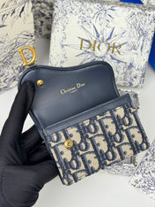 DIOR 25S SADDLE JASMINE GUSSET CARD HOLDER 10 IN BLUE OBLIQUE JACQUARD CANVAS