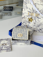 DIOR 25S CARO CARD HOLDER 11 IN LIGHT BLUE CALFSKIN AND CANVAS GOLD HARDWARE