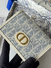 DIOR 25S CARO CARD HOLDER 11 IN LIGHT BLUE CALFSKIN AND CANVAS GOLD HARDWARE