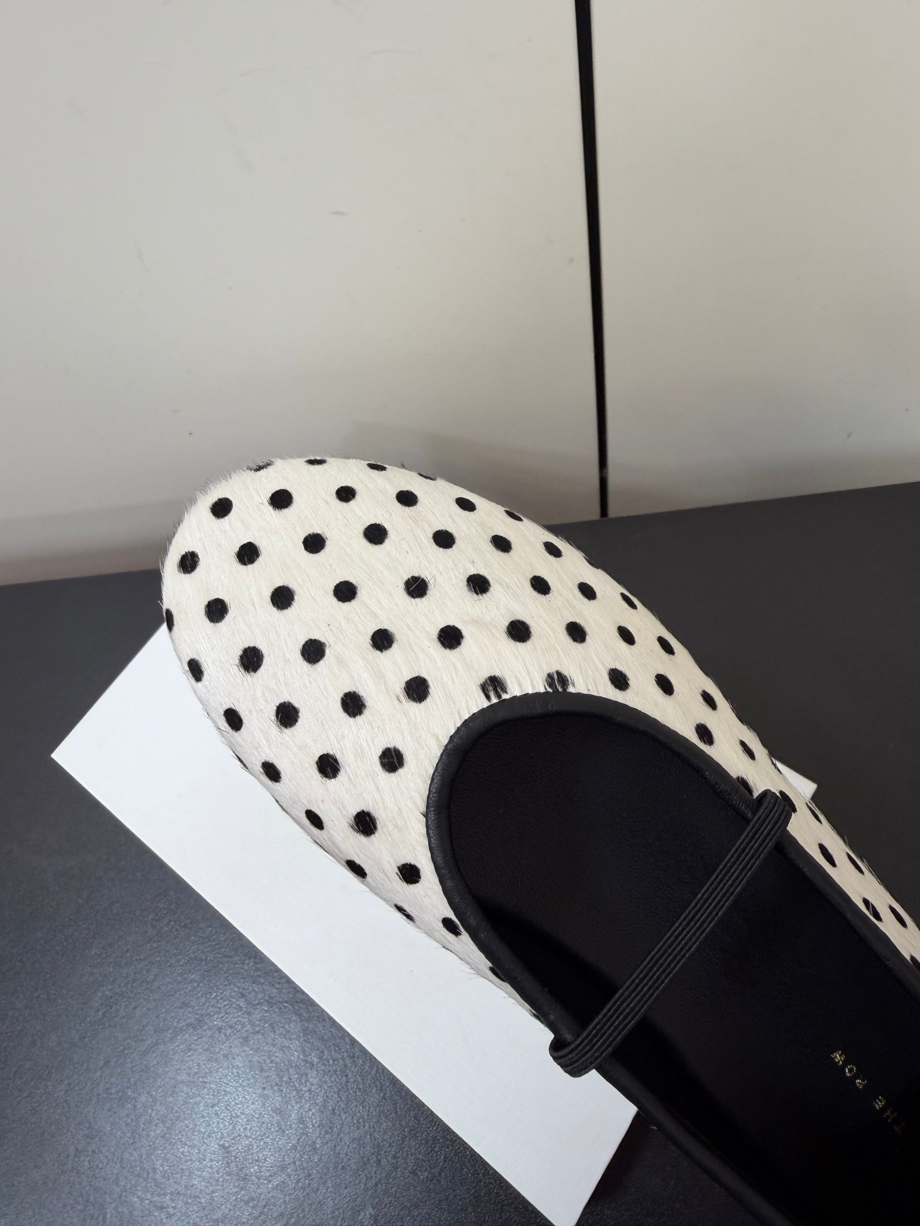 THE ROW 26S BALLET FLATS IN WHITE & BLACK MICRO POLKA DOT CALF HAIR CALFSKIN