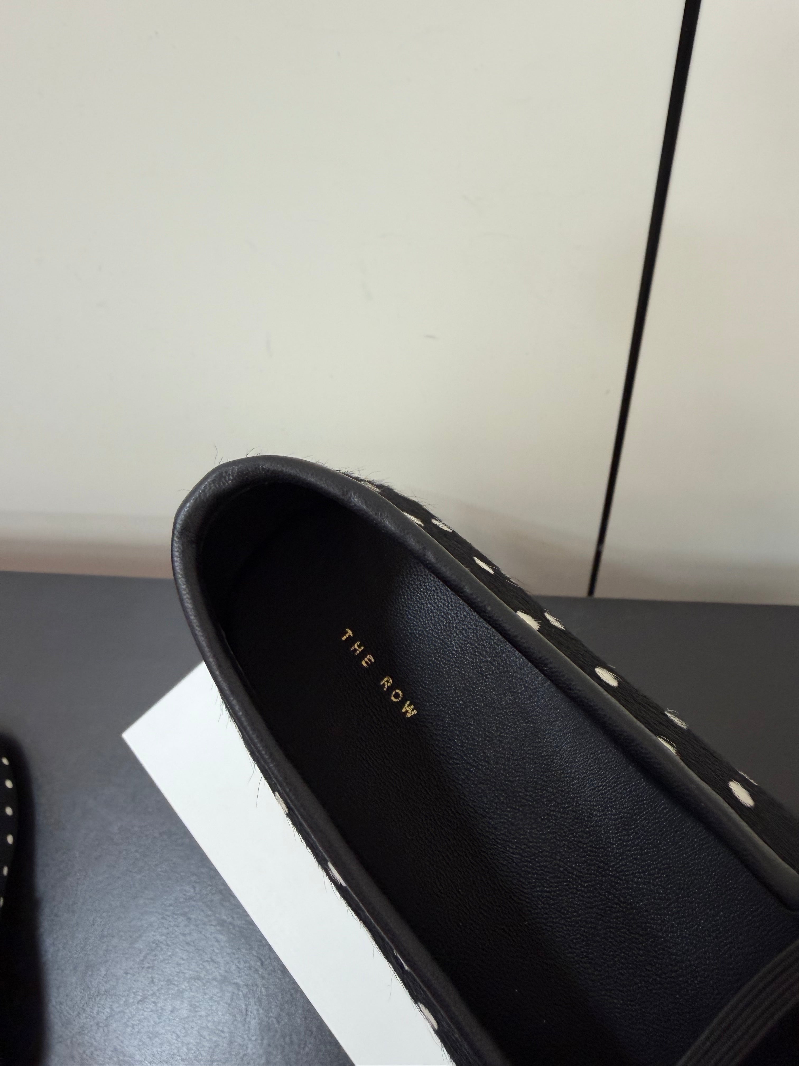 THE ROW 26S BALLET FLATS IN BLACK & WHITE MICRO POLKA DOT CALF HAIR CALFSKIN