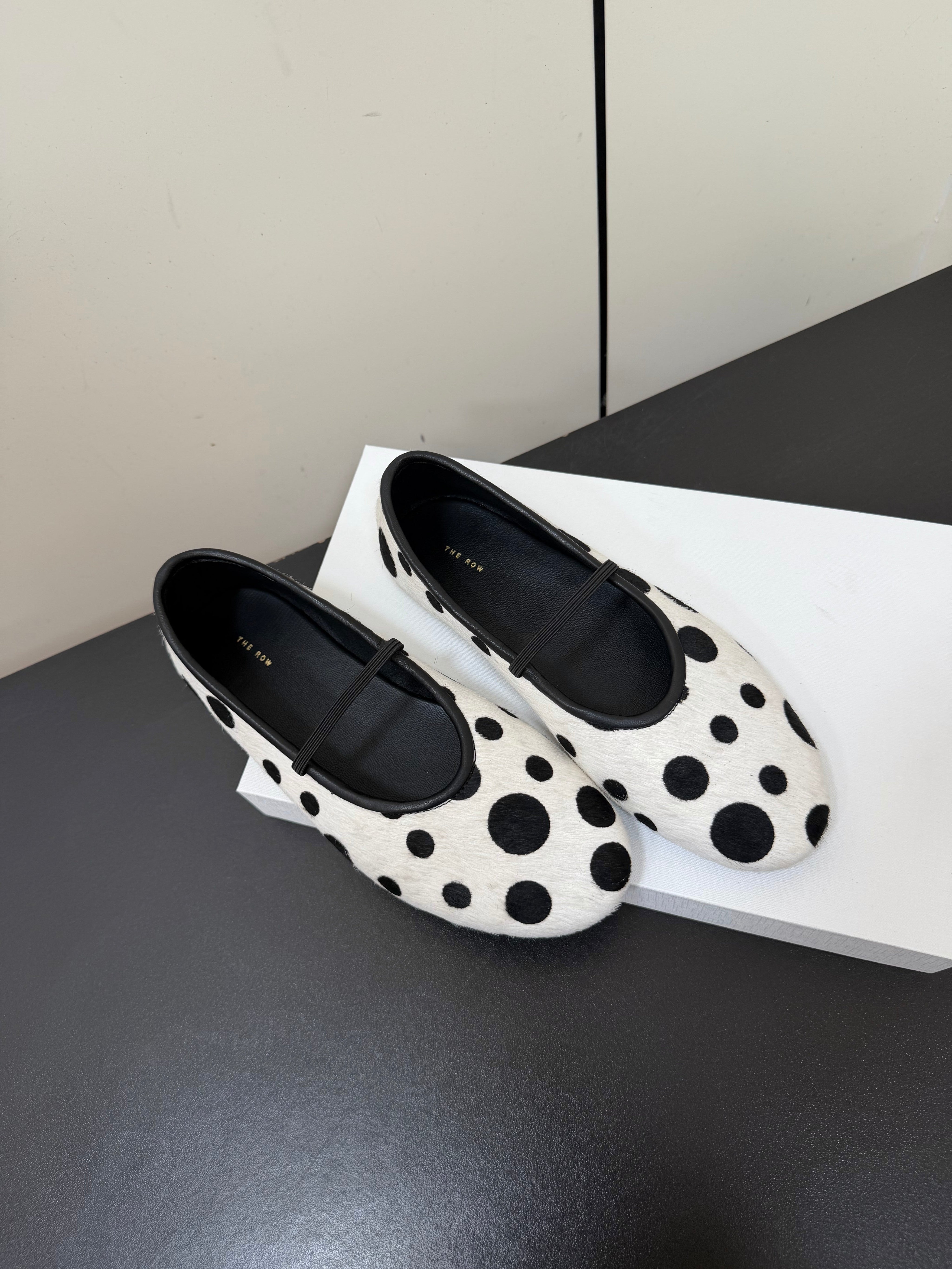 THE ROW 26S BALLET FLATS IN WHITE & BLACK POLKA DOT CALF HAIR CALFSKIN