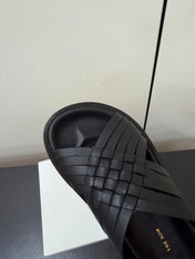 THE ROW 26S CROSS STRAP SANDALS IN BLACK CALFSKIN
