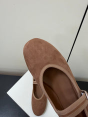 THE ROW 26S MARY JANE BALLET FLATS IN BROWN SUEDE WITH SILVER HARDWARE
