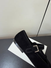 THE ROW 26S MARY JANE BALLET FLATS IN BLACK SUEDE WITH SILVER HARDWARE
