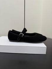 THE ROW 26S MARY JANE BALLET FLATS IN BLACK SUEDE WITH SILVER HARDWARE