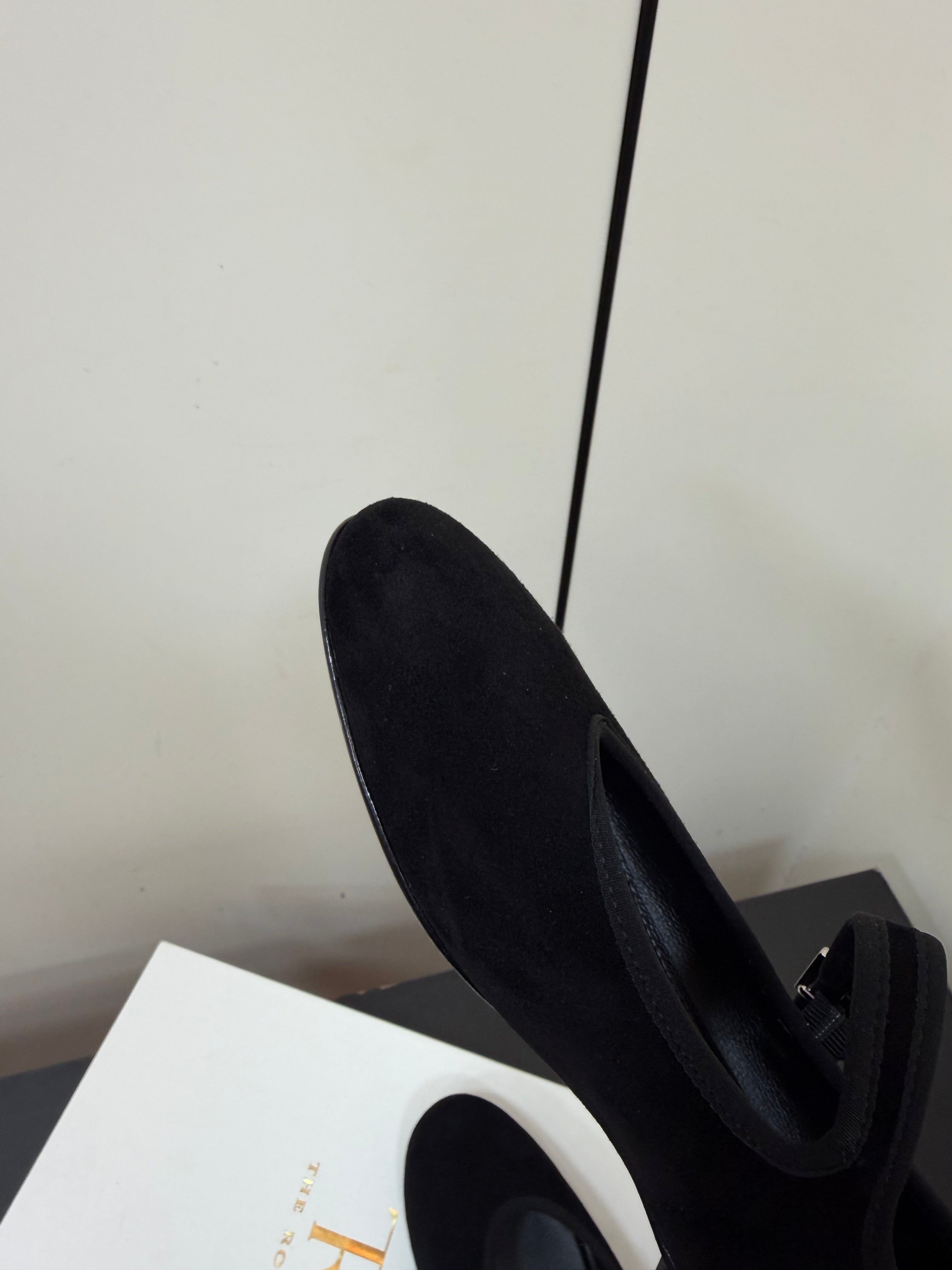 THE ROW 26S MARY JANE BALLET FLATS IN BLACK SUEDE WITH SILVER HARDWARE