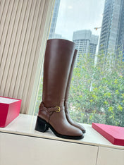 VALENTINO 25S HIGH-CUT SIGNATURE LOGO BOOTS 60 MM IN BROWN CALFSKIN WITH GOLD HARDWARE