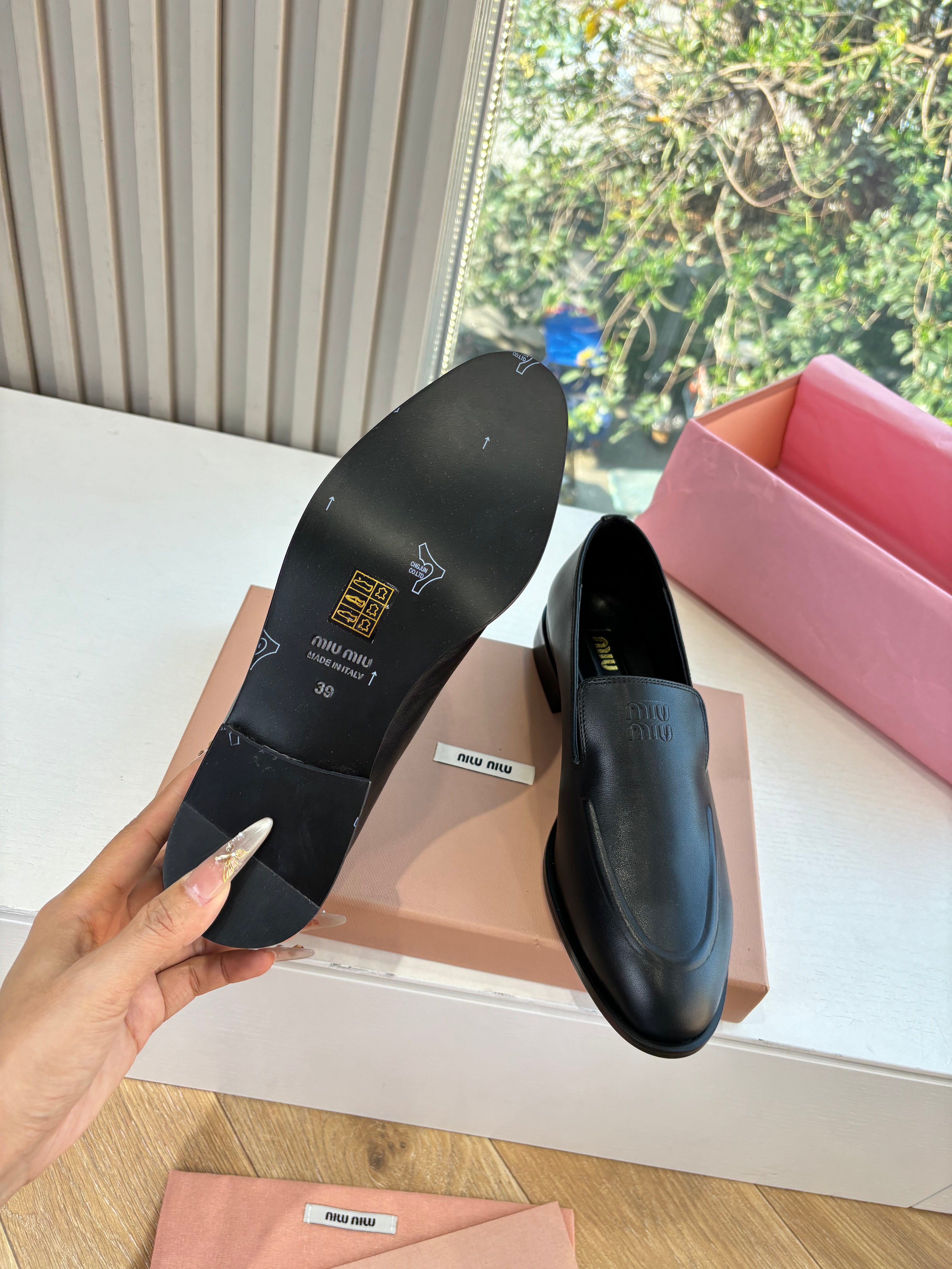 MIUMIU 26S LOAFERS IN BLACK LAMBSKIN