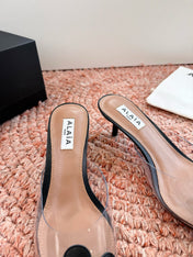 ALAIA 26S POINTED-TOE MULE HEELS IN BLACK LAMBSKIN AND TRANSPARENT PVC