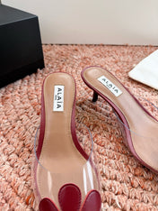 ALAIA 26S POINTED-TOE MULE HEELS IN DARK RED LAMBSKIN AND TRANSPARENT PVC