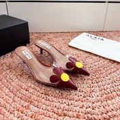 ALAIA 26S POINTED-TOE MULE HEELS IN DARK RED LAMBSKIN AND TRANSPARENT PVC