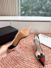ALAIA 26S POINTED-TOE SLINGBACK HEELS IN BLACK LAMBSKIN AND TRANSPARENT PVC