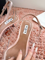 ALAIA 26S POINTED-TOE SLINGBACK HEELS IN NUDE PINK LAMBSKIN AND TRANSPARENT PVC