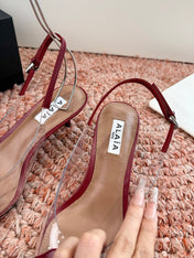 ALAIA 26S SLINGBACK HEELS IN DARK RED LAMBSKIN AND TRANSPARENT PVC