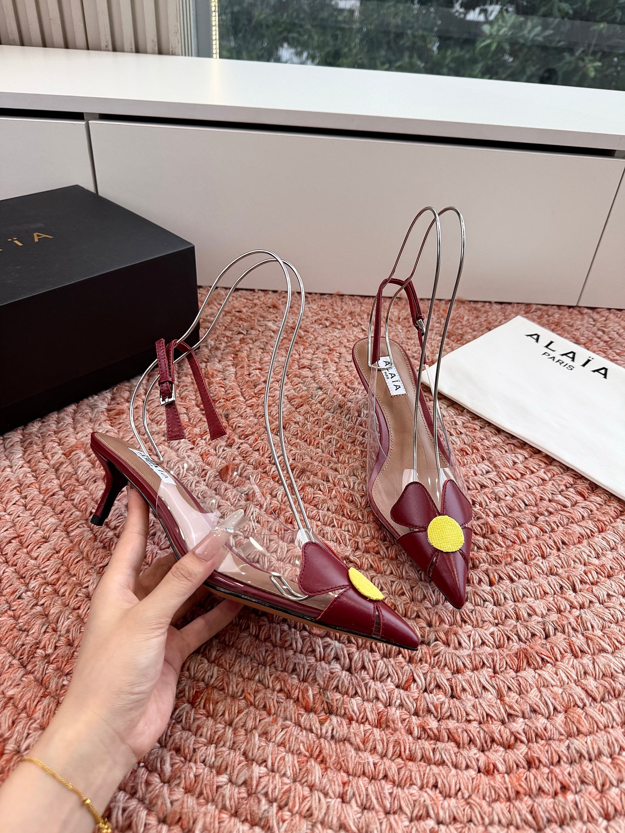 ALAIA 26S SLINGBACK HEELS IN DARK RED LAMBSKIN AND TRANSPARENT PVC