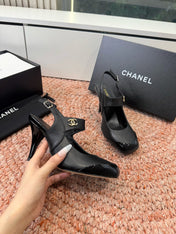 CHANEL 26S SQUARE TOE HIGH HEELS SLINGBACKS IN BLACK CALFSKIN