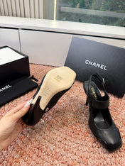 CHANEL 26S SQUARE TOE HIGH HEELS SLINGBACKS IN BLACK LAMBSKIN WITH TOE