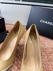 CHANEL 26S SQUARE TOE HIGH HEELS IN BEIGE LAMBSKIN WITH WHITE TOE