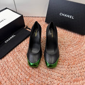 CHANEL 26S SQUARE TOE HIGH HEELS IN BLACK LAMBSKIN WITH GREEN TOE