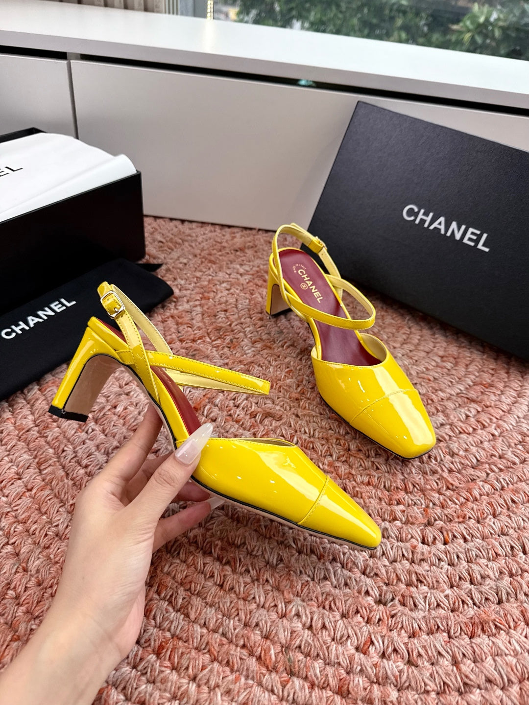 CHANEL 26S SQUARE TOE HIGH HEELS SLINGBACKS IN YELLOW CALFSKIN