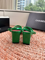 CHANEL 26S SQUARE TOE HIGH HEELS SLINGBACKS IN GREEN CALFSKIN