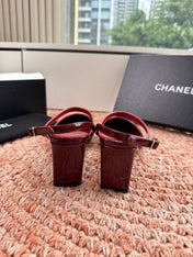 CHANEL 26S SQUARE TOE HIGH HEELS SLINGBACKS IN RED CALFSKIN