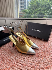 CHANEL 26S POINTED TOE HIGH HEEL SLINGBACKS IN GOLD MIX SILVER LAMBSKIN WITH FLORAL APPLIQUE