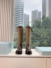 PRADA 26S BIKER BOOTS IN BEIGE CANVAS AND DARK BROWN CALFSKIN