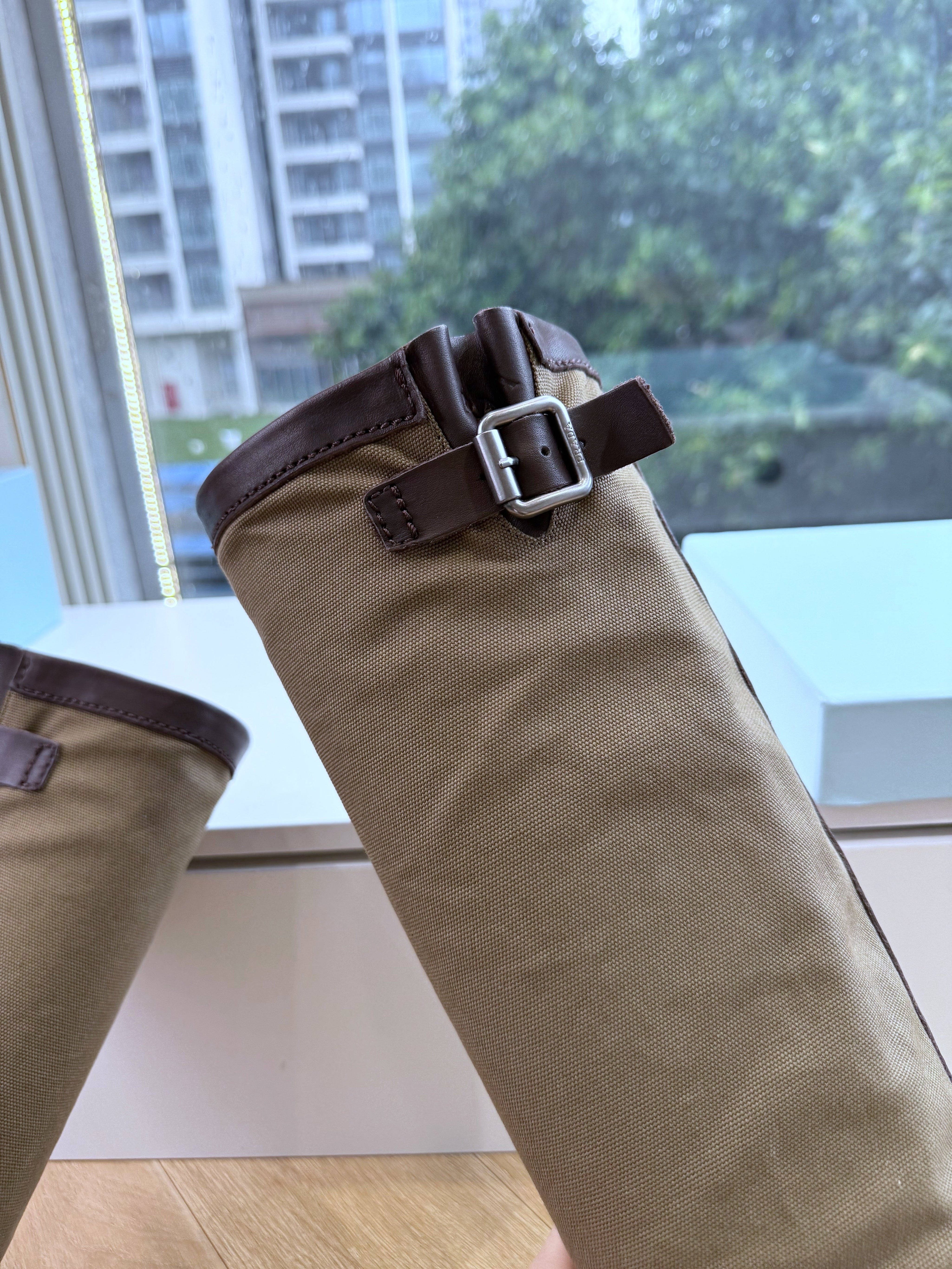 PRADA 26S BIKER BOOTS IN BEIGE CANVAS AND DARK BROWN CALFSKIN