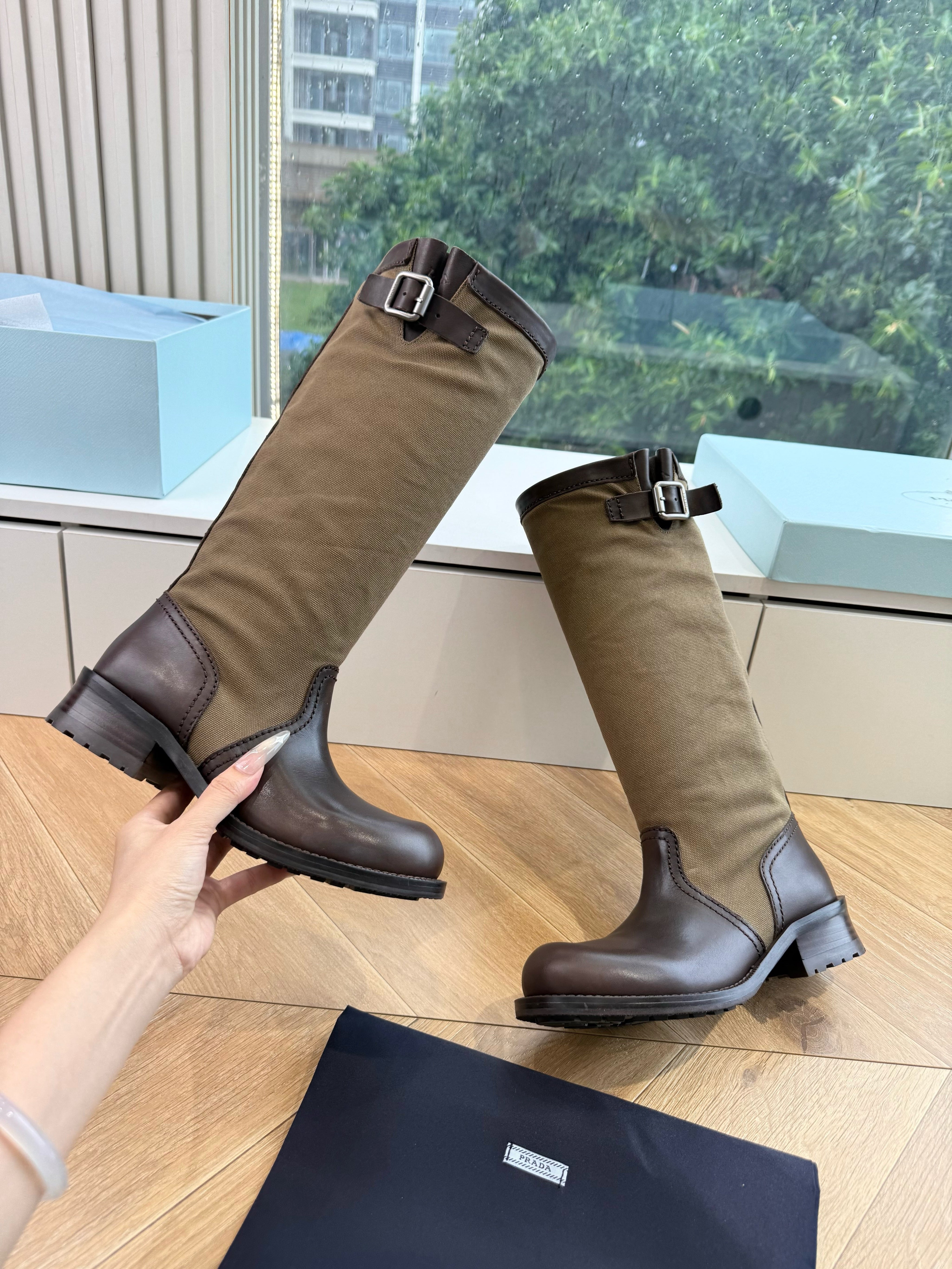 PRADA 26S BIKER BOOTS IN BEIGE CANVAS AND DARK BROWN CALFSKIN