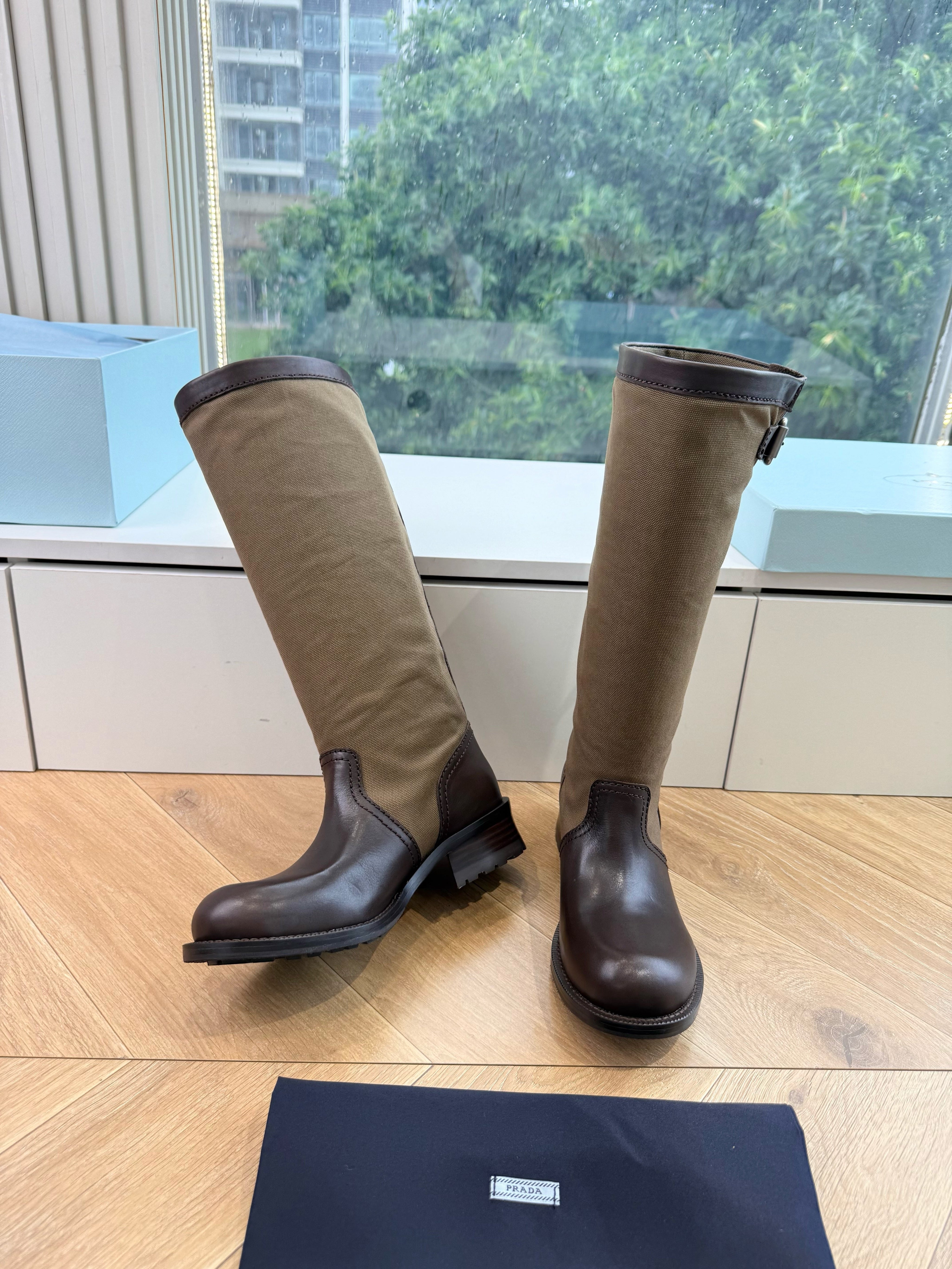 PRADA 26S BIKER BOOTS IN BEIGE CANVAS AND DARK BROWN CALFSKIN