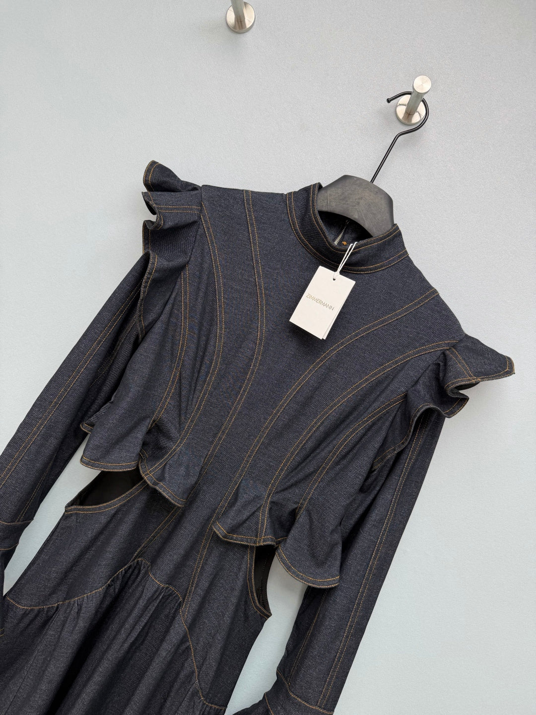 ZIMMERMANN 26S RUFFLED DENIM CUT-OUT MIDI DRESS STYLE 69
