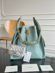 CHANEL 25S HOBO BAG 40 IN SOFT TEAL BLUE CAVIAR WITH GOLD HARDWARE