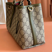 GUCCI 26S TOTE BAG 30 IN DARK BEIGE AND MOSS GREEN CANVAS
