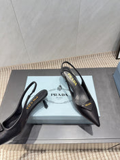 PRADA 26S POINTED TOE SLINGBACK HIGH HEELS 55MM IN BLACK SHEEPSKIN WITH LOGO