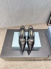 PRADA 26S POINTED TOE SLINGBACK HIGH HEELS 55MM IN BLACK SHEEPSKIN WITH LOGO